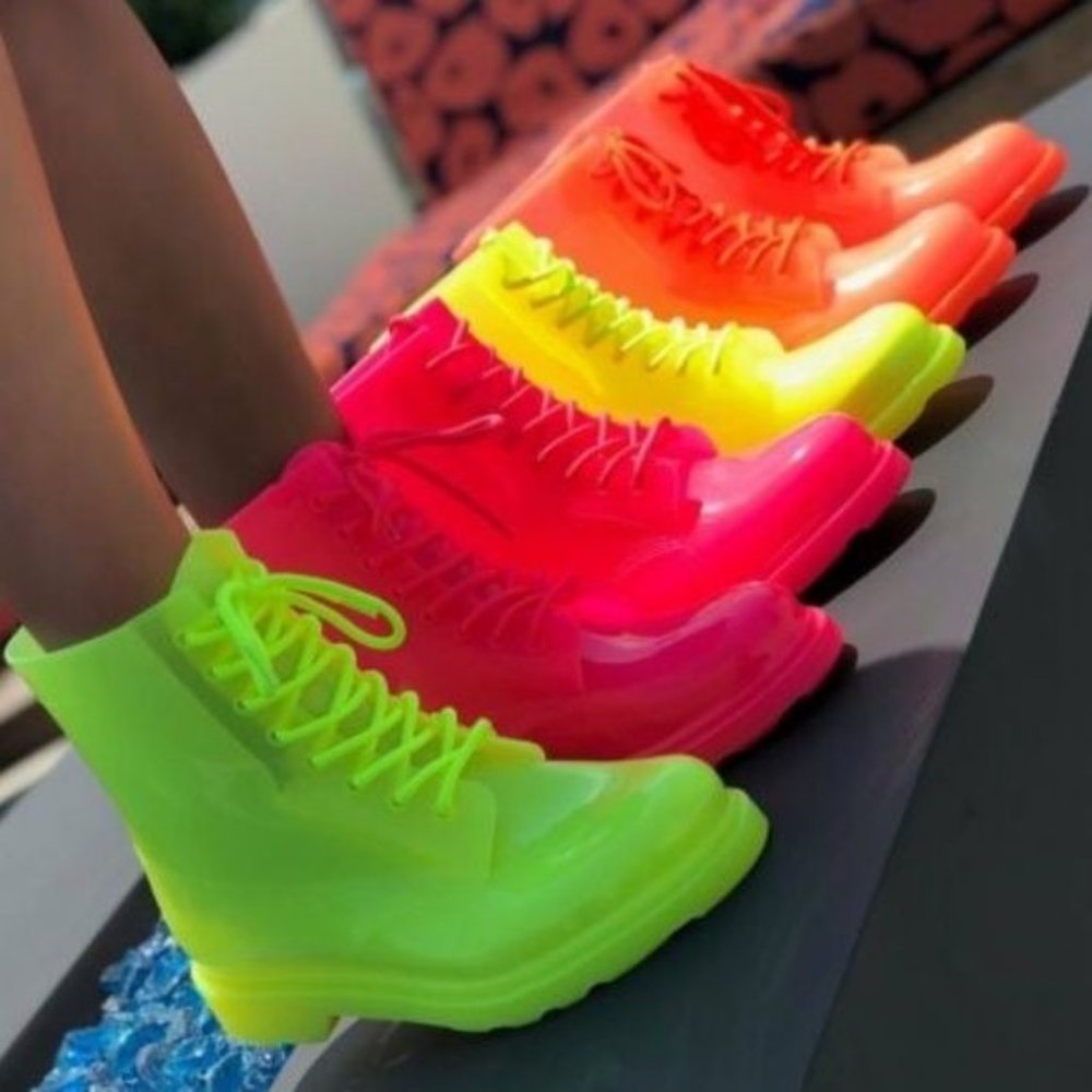 !! NEW !! Neon Pink Lace Up Combat Rain Boots - Picture 6 of 6